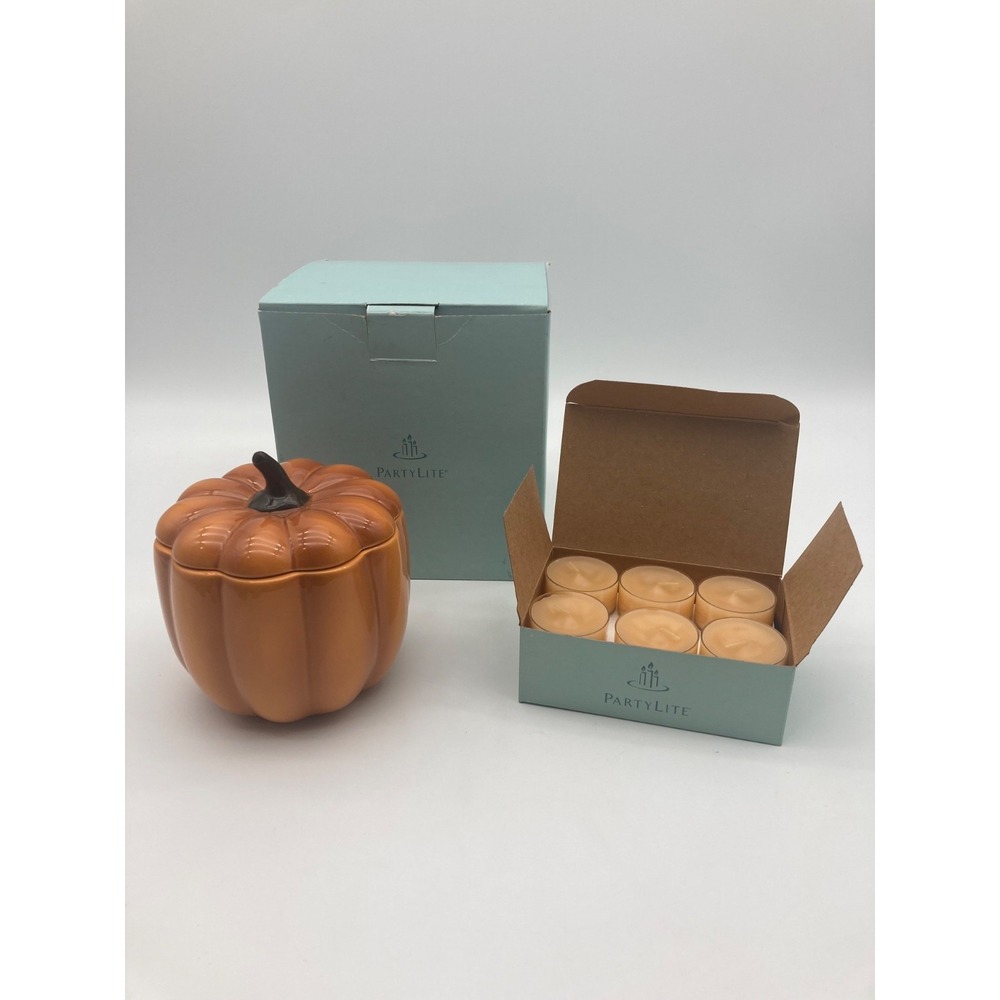 PartyLite Pumpkin Patch Holder P9971 Ceramic Jar Lid & Banana Bread Tea Lights